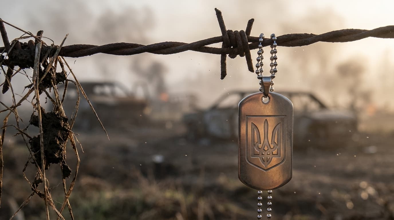 Військовий жетон CORETAG з тризубом на колючому дроті — зроблено в Україні