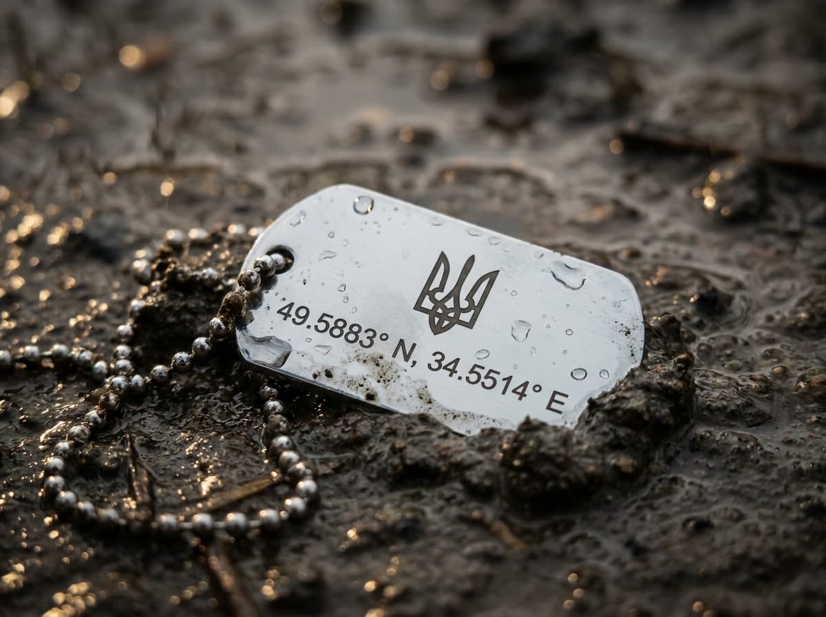 Жетон з тризубом та координатами у бруді